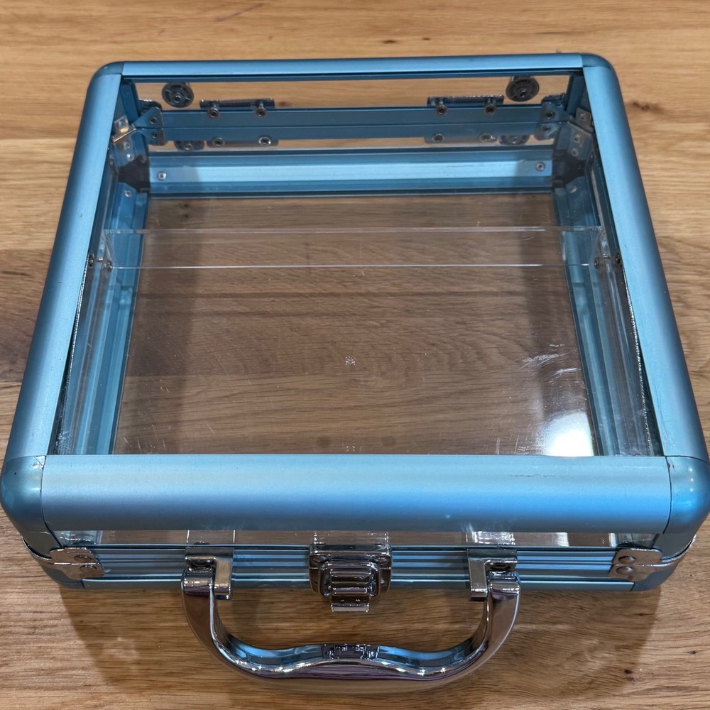 Clear Acrylic Makeup Train Case Blue Aluminum Frame Cantilever Tray Organizer - Picture 2 of 7